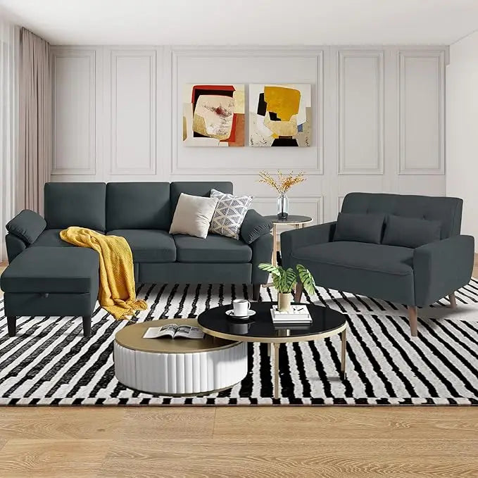 79" Convertible Sectional Sofa Set, Modern Linen Small L Shaped Couch with Reversible Chaise and Loveseat Sofa, 3-Seat Sofa