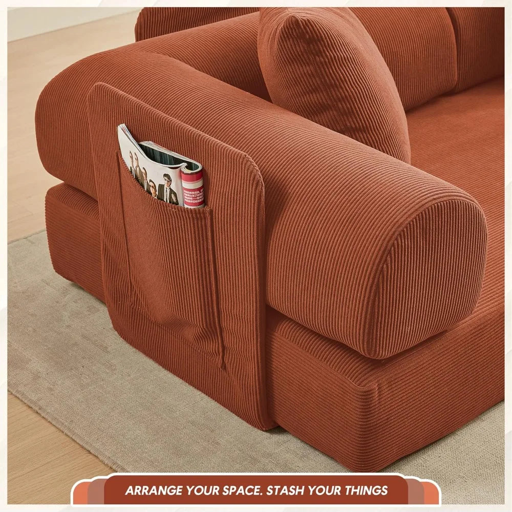 L Shaped Modular Sofa Bed with Cylindrical Pillow & Reversible Chaise, Corduroy Folding Floor Convertible Sofa Couch Bed