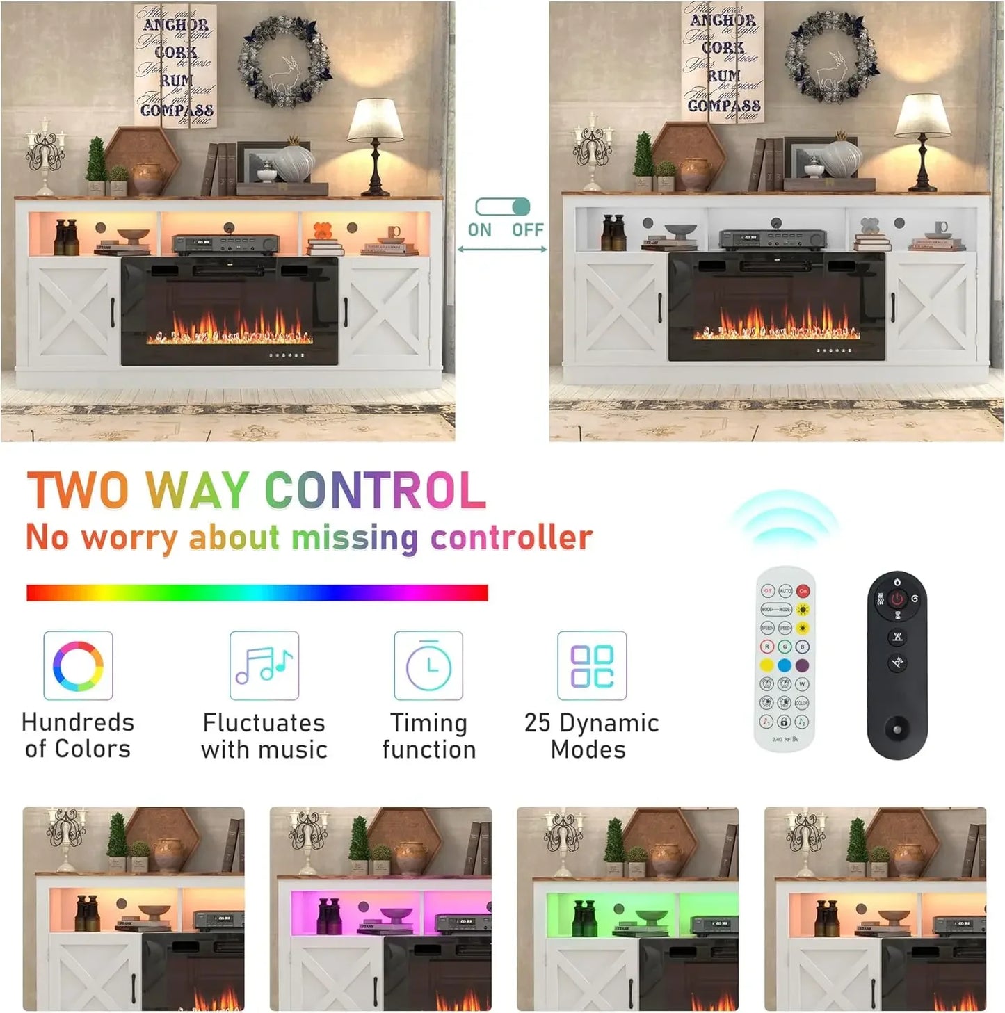 Farmhouse Fireplace TV Stand for 70/75/80 Inch TV, 32”Tall Entertainment Center w/ 36”Electric Fireplace and LED Light