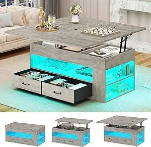 Lift Top Coffee Table, 4 in 1 Coffee Tables with Storage and Hidden Compartment, Farmhouse Coffee Table with 2 Fabric Drawers &