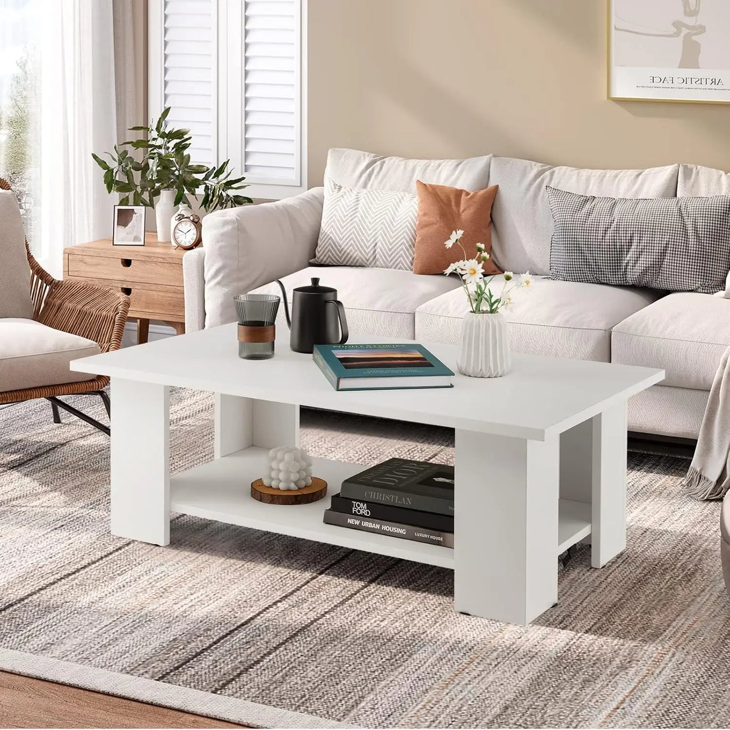 Rectangle Wood Center Table, 41" L 2-Tier Large Modern Tea Table w/Open Compartment, Easy Assembly, Accent Coffee Table