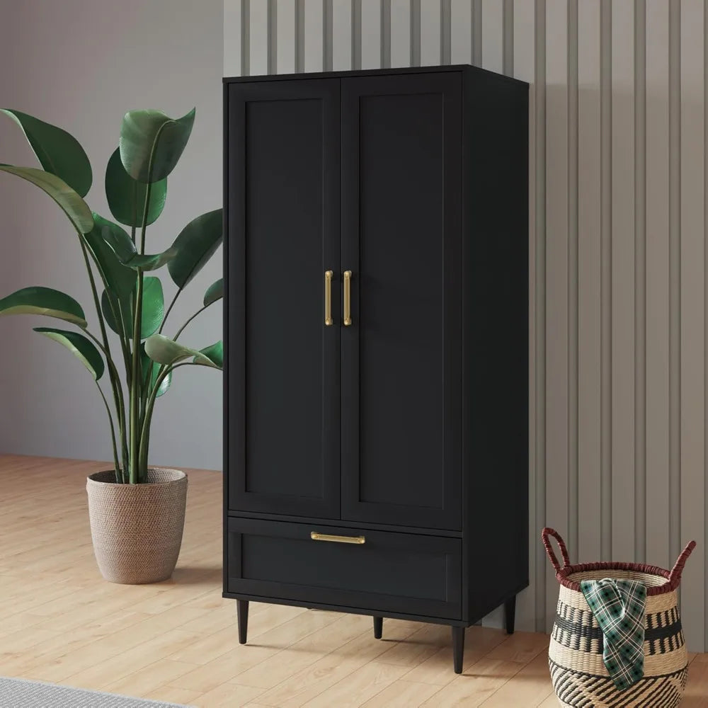 Modern Black Bedroom Armoire with Hanging Rod and Drawers, 60 Two-Door Storage Cabinet for Clothes