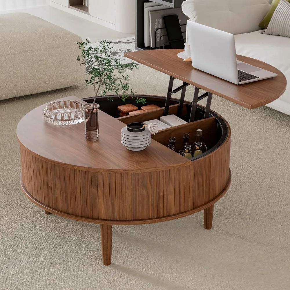 Round Fluted Lift Top Coffee Table with Storage, Mid Century Modern Coffee Table for Living Room, Home Small Space