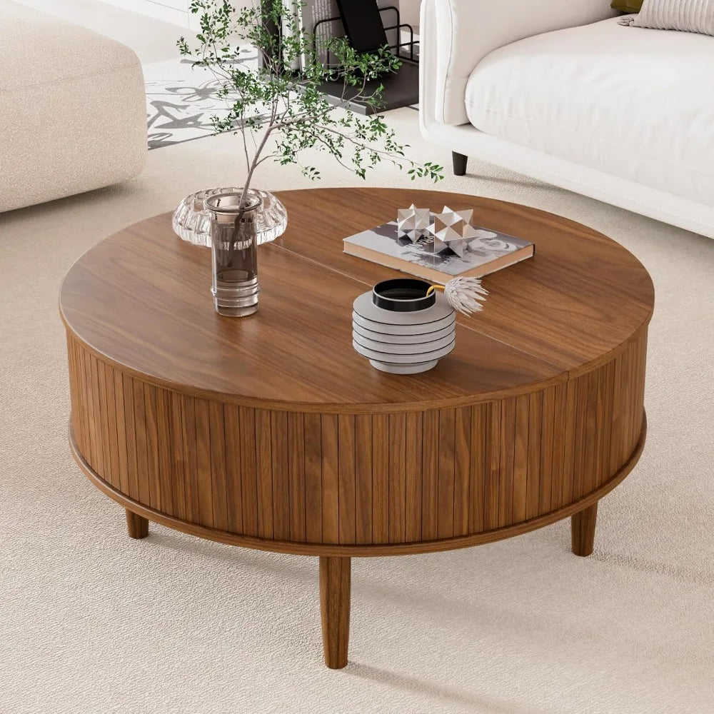Round Fluted Lift Top Coffee Table with Storage, Mid Century Modern Coffee Table for Living Room, Home Small Space