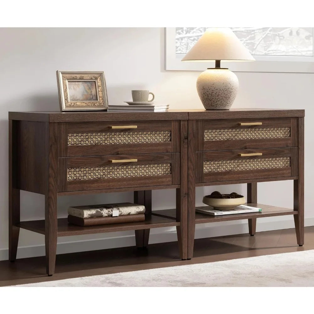 Large Night Stand Set 2, Nightstands Sets of 2 with Drawers and Shelf, Rustic Bedside Table for Bedroom, Mid Century Modern Nig