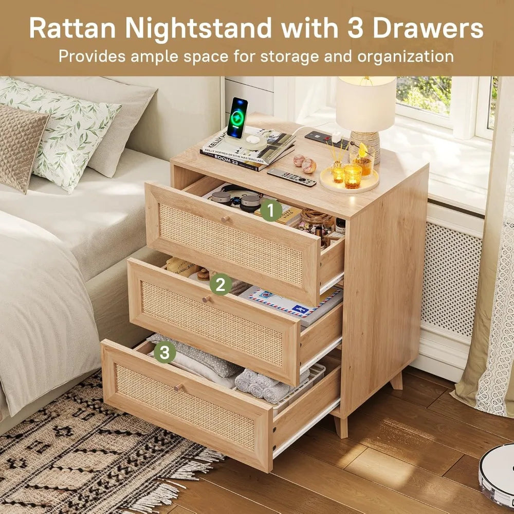 "set of 2 rattan bohemian nightstands with charging station, 3 drawers, 2 usb ports, and 2 ac outlets"