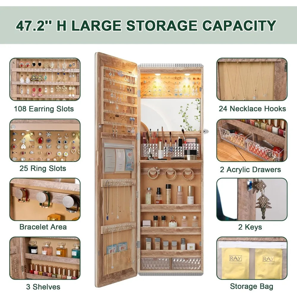 Wall-Mounted 47.2 Full-Length Mirror Jewelry Organizer with Over-the-Door Hanging Option