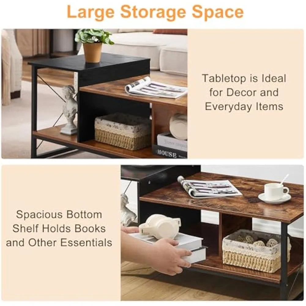 VECELO Wood 2-Tier Black Coffee Table with Storage Shelf for Living Room/Office Reception, Metal Frame & Wooden Tabletop, Modern