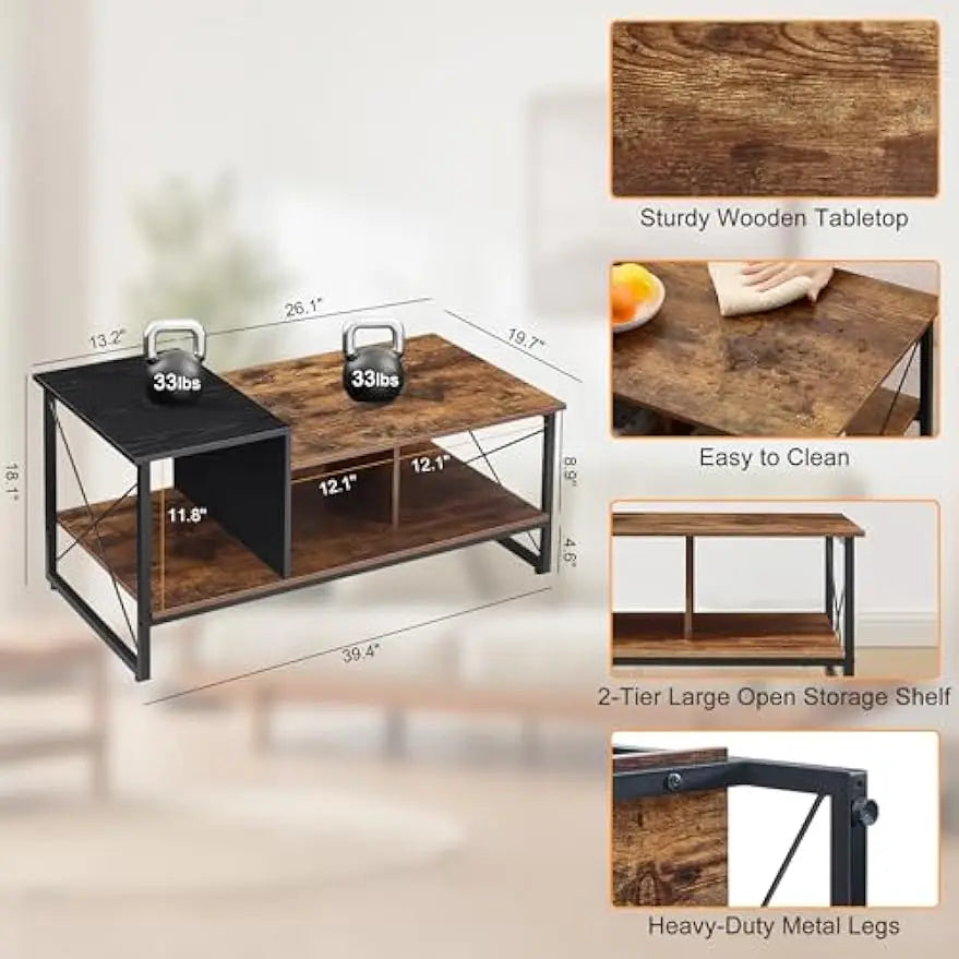 VECELO Wood 2-Tier Black Coffee Table with Storage Shelf for Living Room/Office Reception, Metal Frame & Wooden Tabletop, Modern