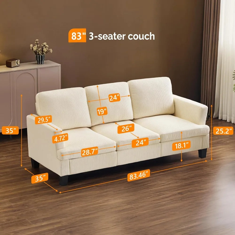 Beige 83 Sofa Couches for Living Room, Corduroy Modern Comfy 3 Seater Couch 25.6 Deep Seat Upholstery Cozy Sofas for Small
