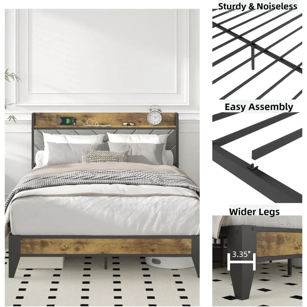 Heavy-Duty Metal Bed Frame with Storage Headboard, Charging Station, LED Light, and Noise-Free Design
