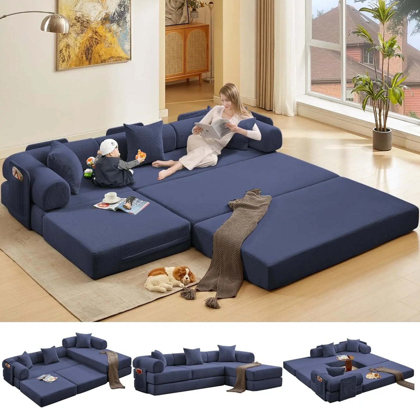 L Shaped Modular Sofa Bed with Cylindrical Pillow & Reversible Chaise, Corduroy Folding Floor Convertible Sofa Couch Bed