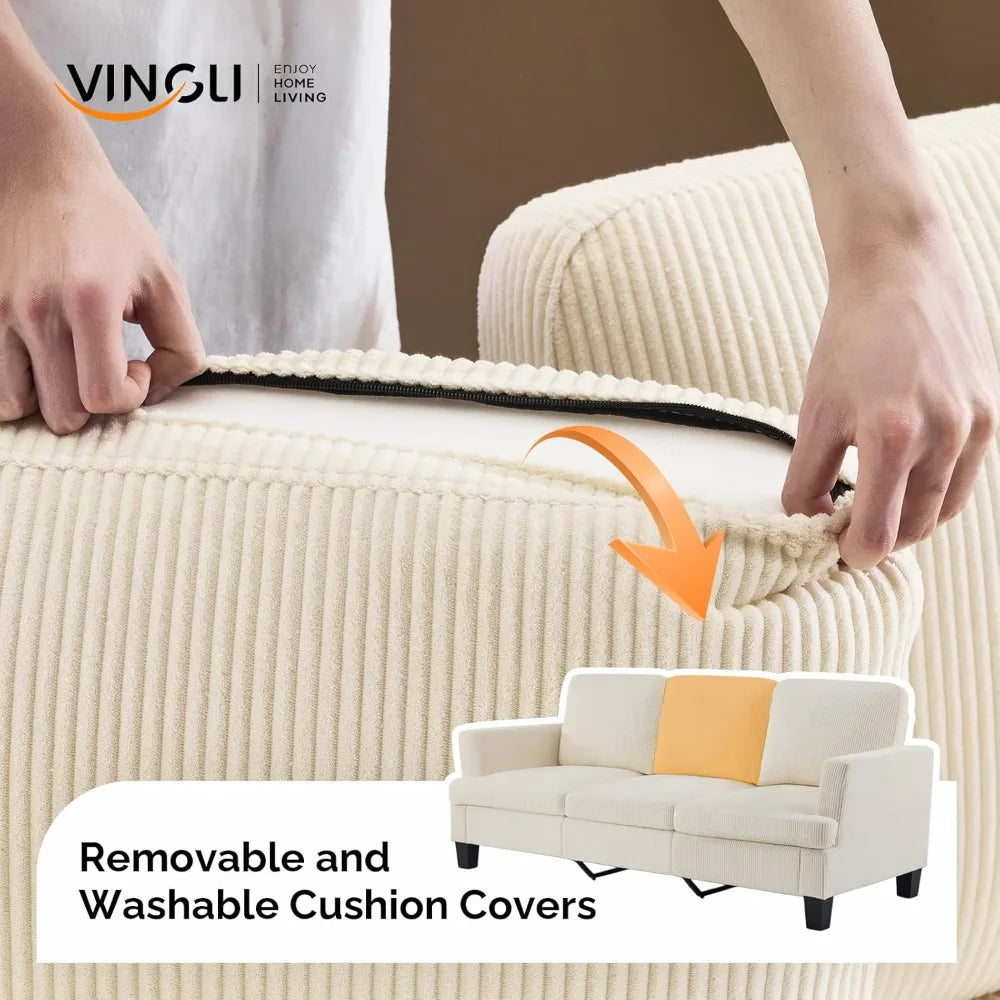 Beige 83 Sofa Couches for Living Room, Corduroy Modern Comfy 3 Seater Couch 25.6 Deep Seat Upholstery Cozy Sofas for Small