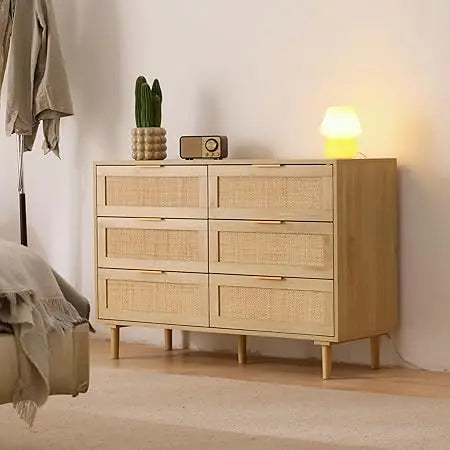 Rattan Dresser for Bedroom, Modern 6 Drawer Double Dresser with Gold Handles, Wood Storage Chest of Drawers fo Bedroom,Living Ro