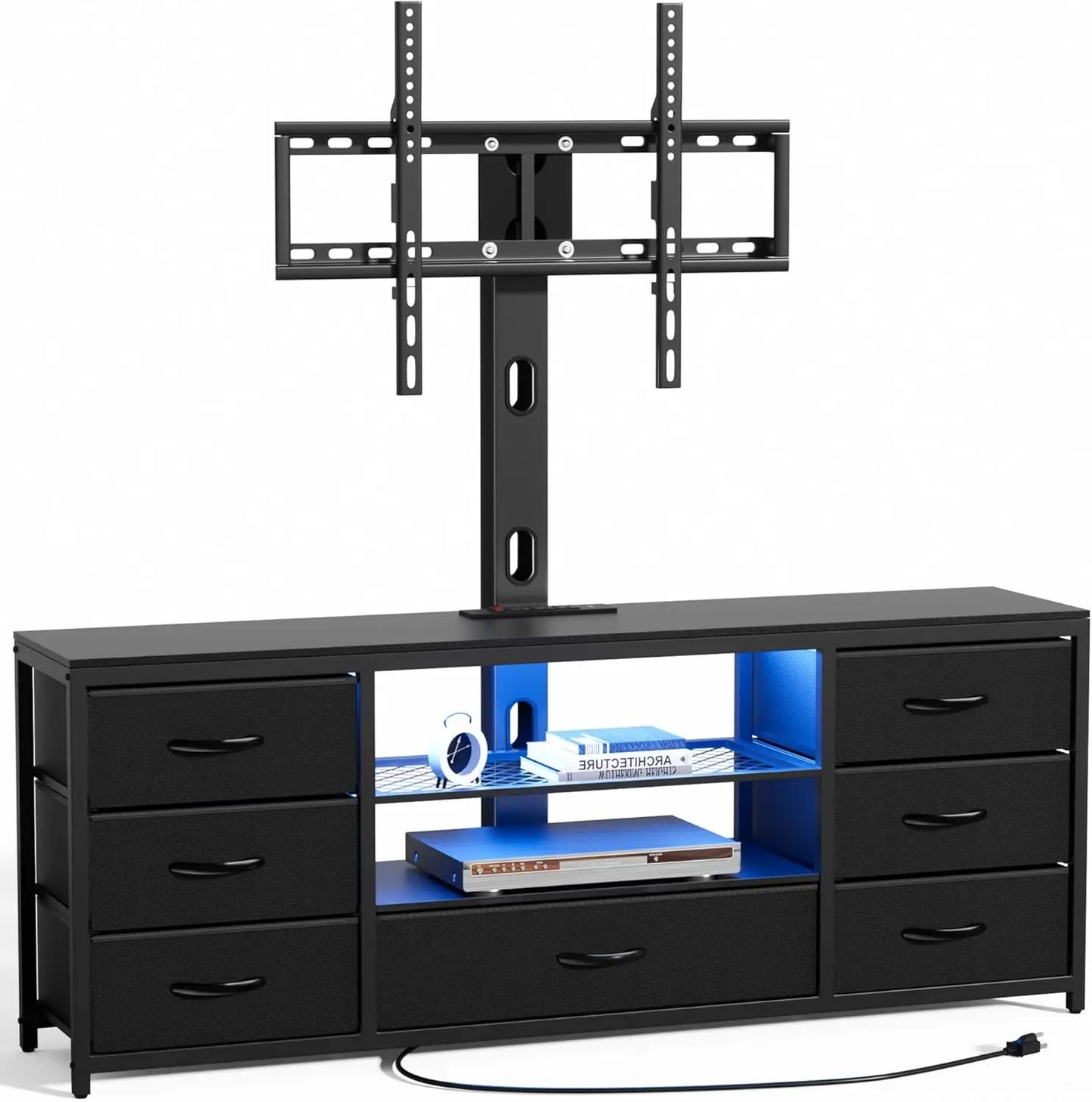 TV Stand with Mount and 7 Fabric Drawers, Led Entertainment Center Power Outlets for 32 45 55 60 65 70 inch TVs, Black Dresser