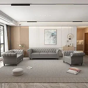 3 Piece Living Room Set, Velvet Chesterfield Sofa Loveseat Couch Chair with Scroll Arms and Nailhead for Living Room, Office (Bl