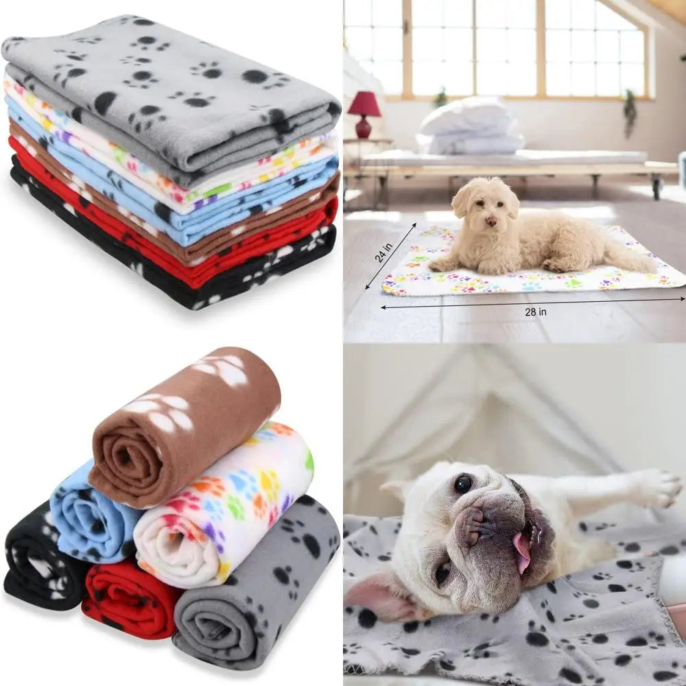 Cute Dog Cat Fleece Blankets with Paw Prints for Kitten Puppy and Small Animals Pack of 6 (Black, Brown, Blue, Grey, red and Wh