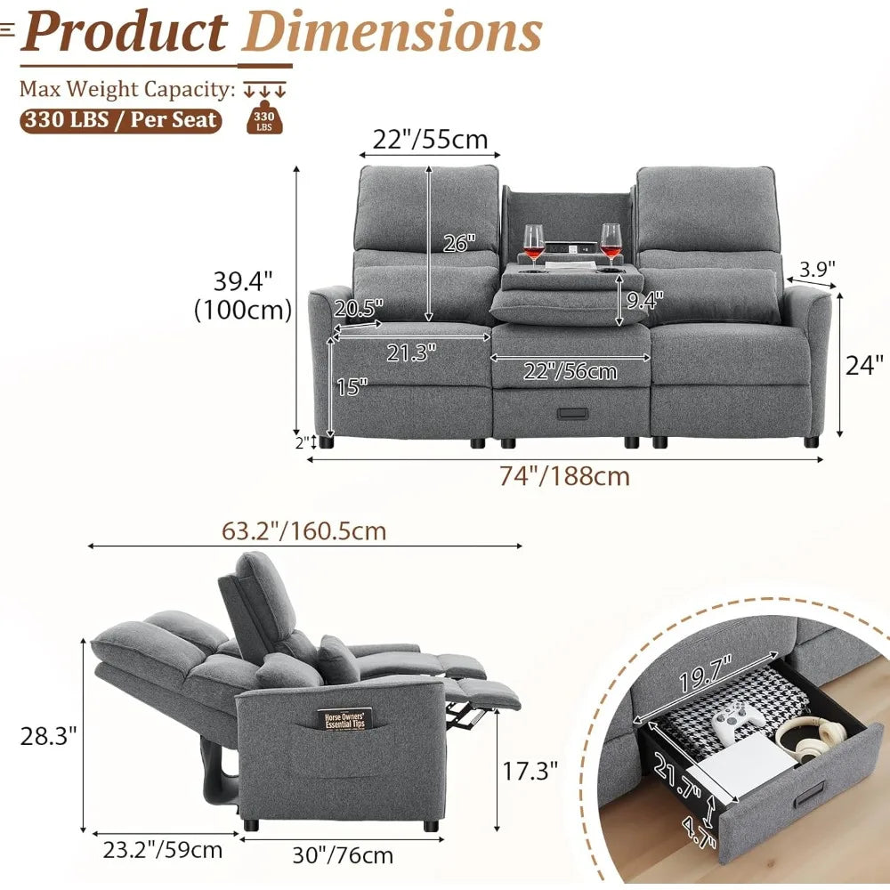 "74" 3-Seater RV Recliner Sofa - Flip Backrest & Drawer, USB/AC Ports & Cup Holders for Living Room"