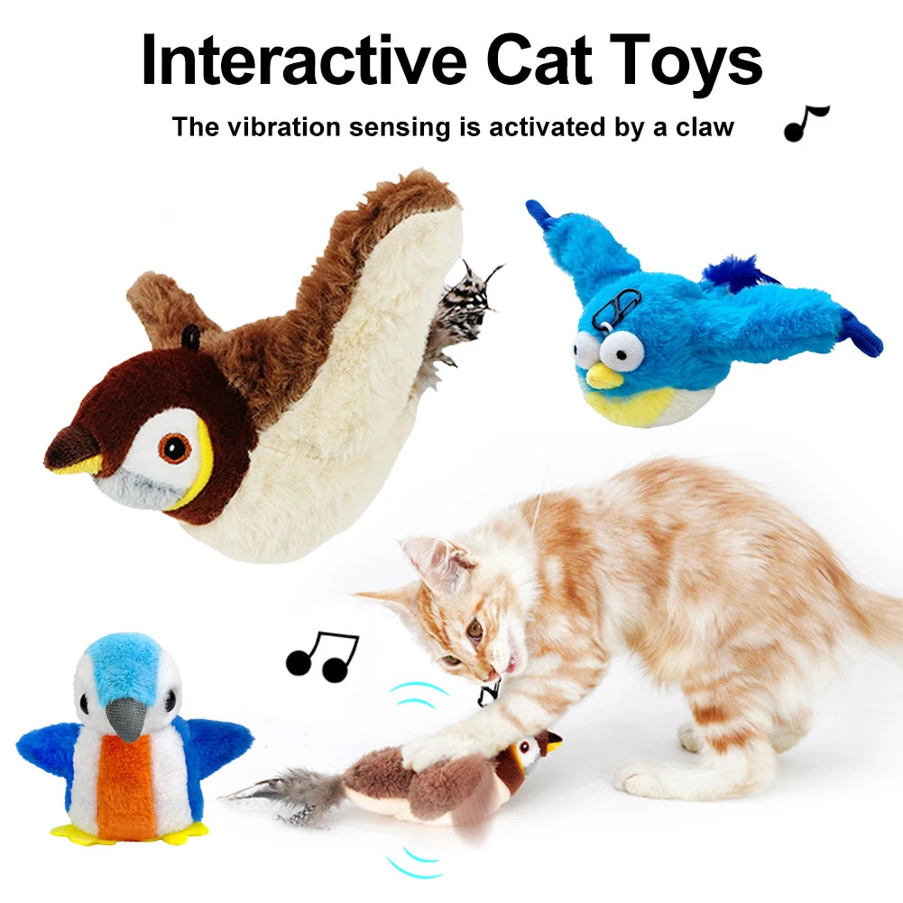 Interactive Cat Toys Flapping Wings(no Flying) Sparrow Catnip Toys Simulated Chirping Bird with Vibration Sensor for Cats