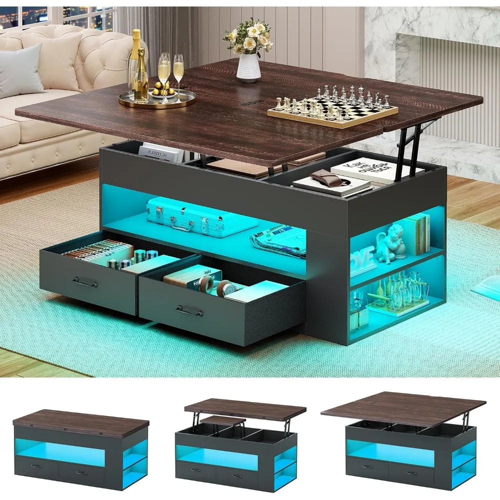 Lift Top Coffee Table, 4 in 1 Coffee Tables with Storage and Hidden Compartment, Farmhouse Coffee Table with 2 Fabric Drawers &