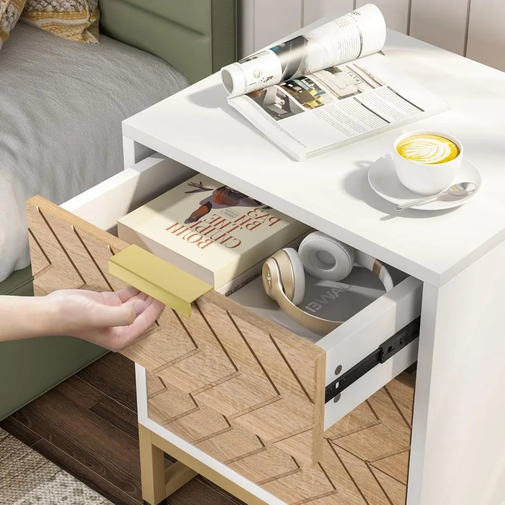 3 Drawers Nightstand Set of 2, Bedside Table with Unique Chevron Design, White End Side Table Night Stands with Gold Metal Legs
