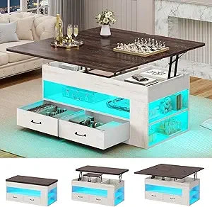 Lift Top Coffee Table, 4 in 1 Coffee Tables with Storage and Hidden Compartment, Farmhouse Coffee Table with 2 Fabric Drawers &