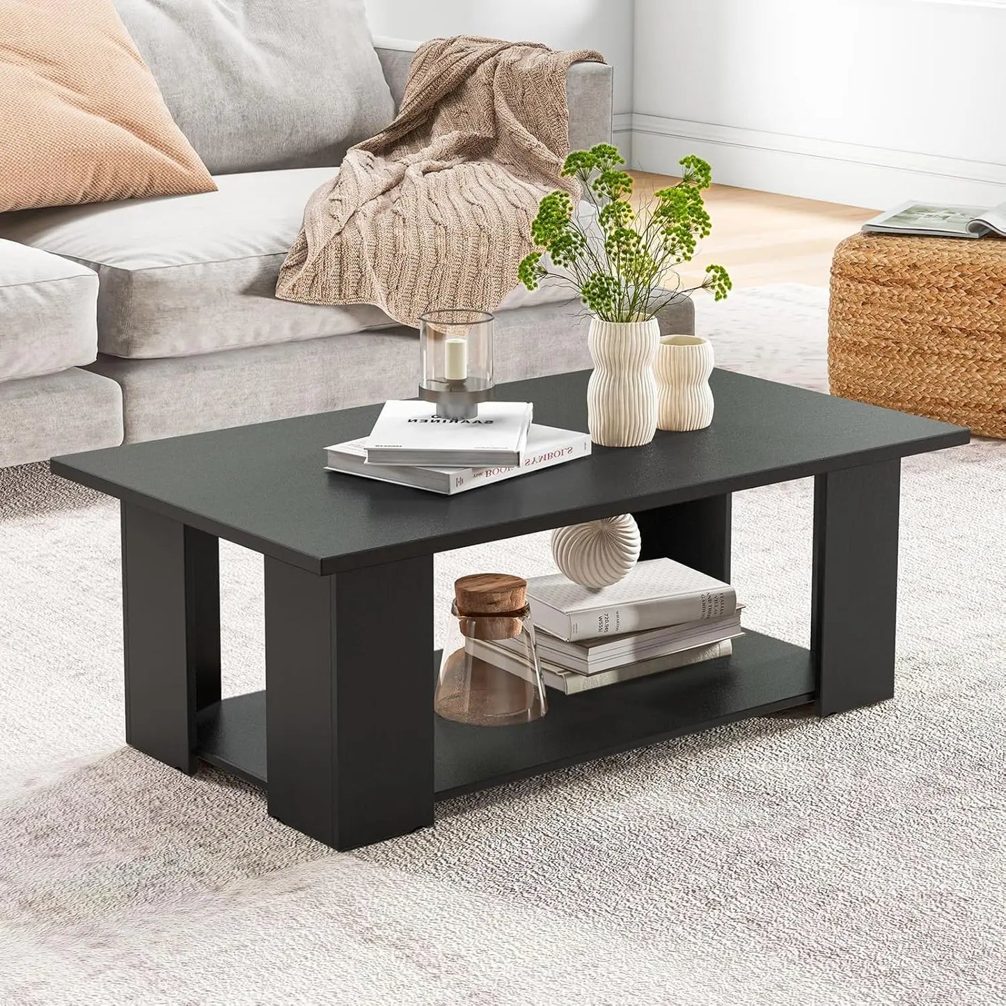 Rectangle Wood Center Table, 41" L 2-Tier Large Modern Tea Table w/Open Compartment, Easy Assembly, Accent Coffee Table