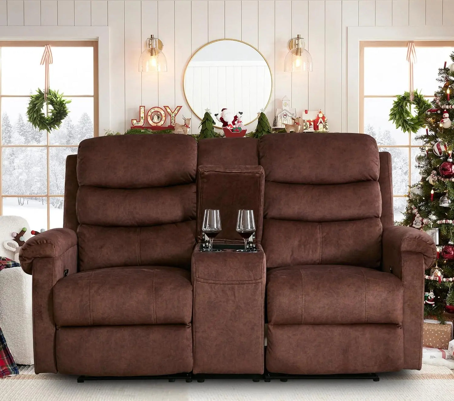 65.7" Manual Loveseat Recliner Sofa with Storage Console, Cup Holders and Side Pockets, Dual Reclining Sofa for Living Roo
