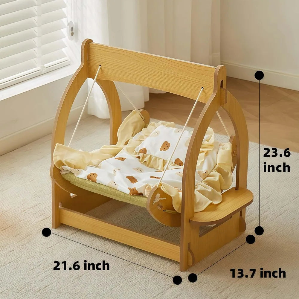 2 in 1 Wooden Cat Hammock, Comfortable and Breathable Hanging Cat Bed with Soft Mattress and Pillow，Suitable for Cats or Small D