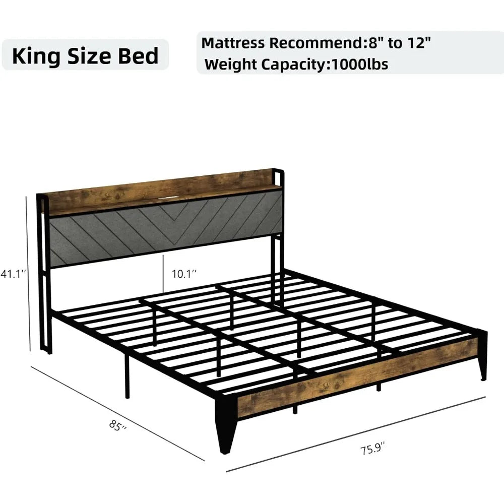 Heavy-Duty Metal Bed Frame with Storage Headboard, Charging Station, LED Light, and Noise-Free Design