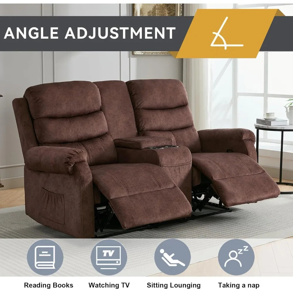 65.7" Manual Loveseat Recliner Sofa with Storage Console, Cup Holders and Side Pockets, Dual Reclining Sofa for Living Roo