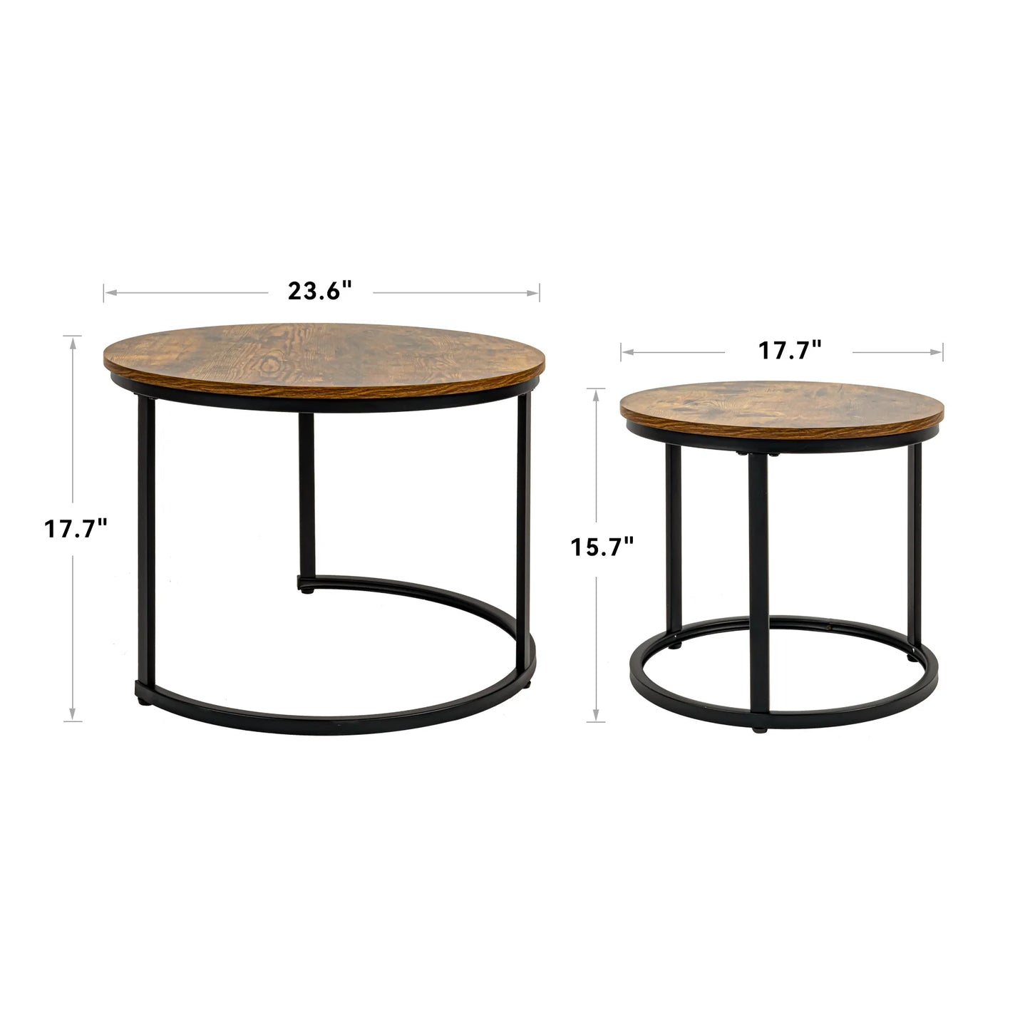 2-Piece Nesting Coffee Table Set | 23.6" Round Rustic Solid Wood Tabletop (Clear Grain for Premium Texture) | Adjustable Non-Sli