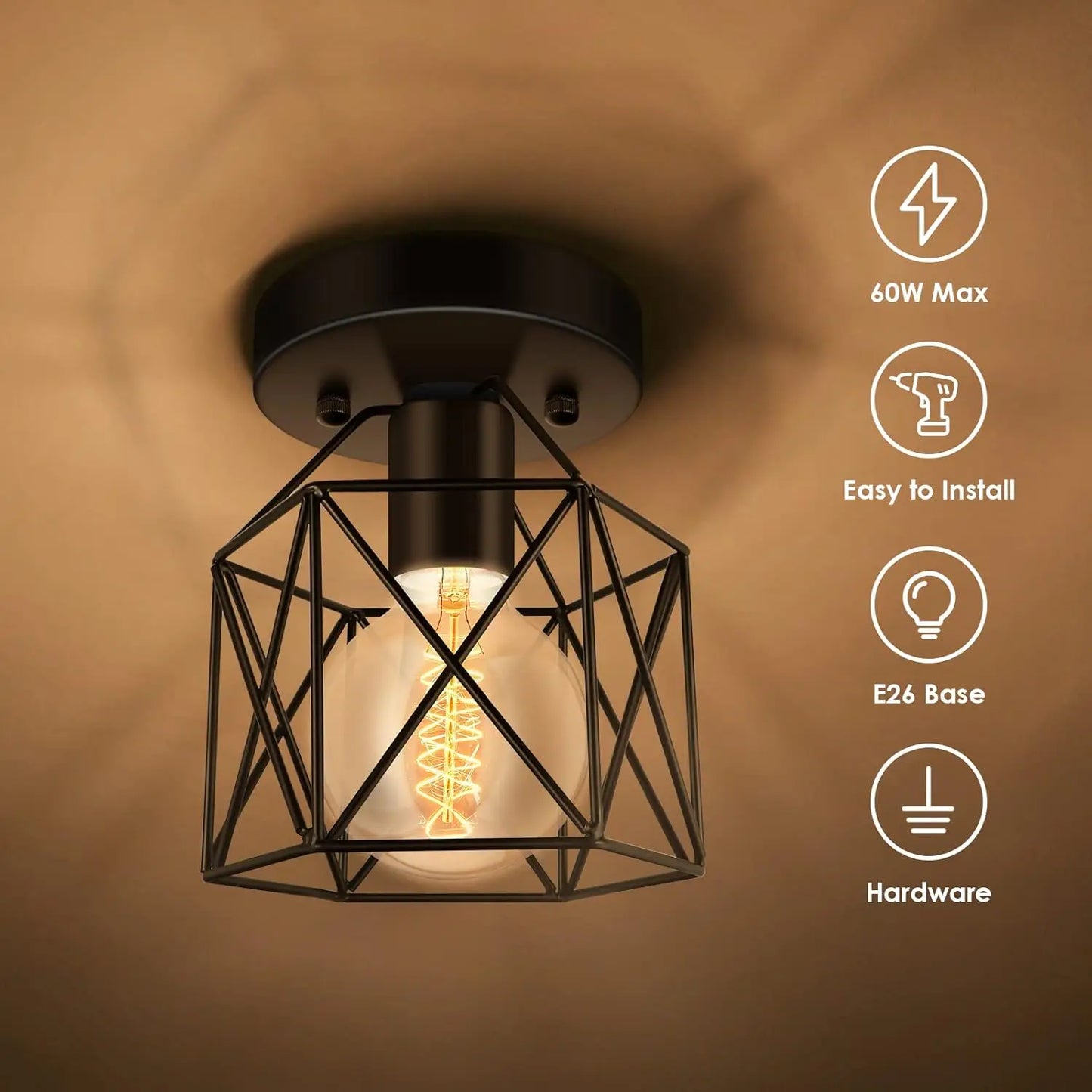 E26 Industrial Metal Cage Lights Fixtures Ceiling Mount, for Hallway Farmhouse Kitchen Bedroom Lighting (4 Packs)