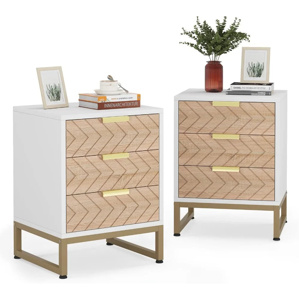 3 Drawers Nightstand Set of 2, Bedside Table with Unique Chevron Design, White End Side Table Night Stands with Gold Metal Legs