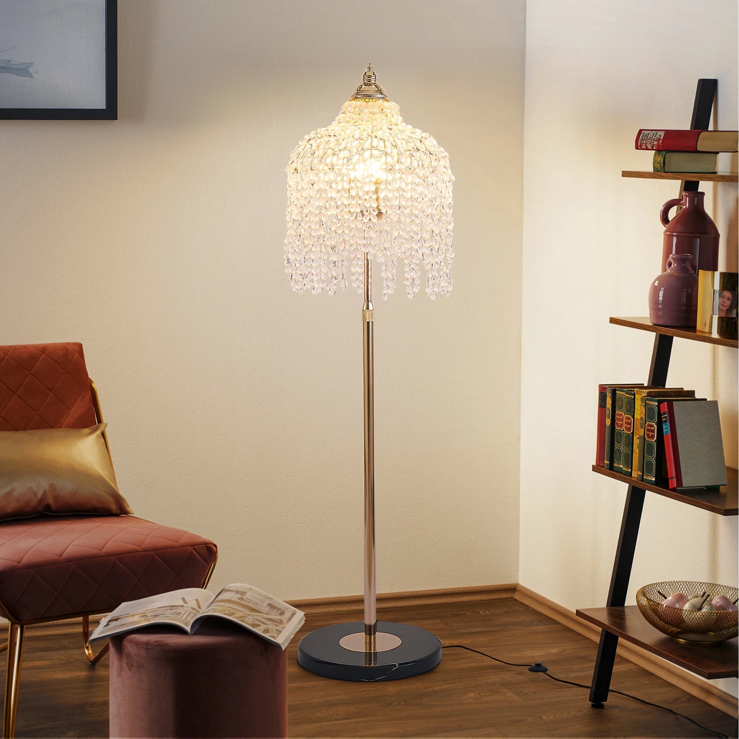 3-Light Elegant Crystal Floor Lamp Vintage Waterfall Design with Crystal Bead Strings and Marble Texture Base (No Bulb)