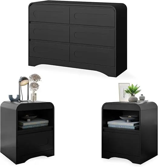 Modern 3-Piece Bedroom Furniture Set: Wooden 6-Drawer Dresser, Pair of 2-Drawer Nightstands, and Wide Chest of Drawers
