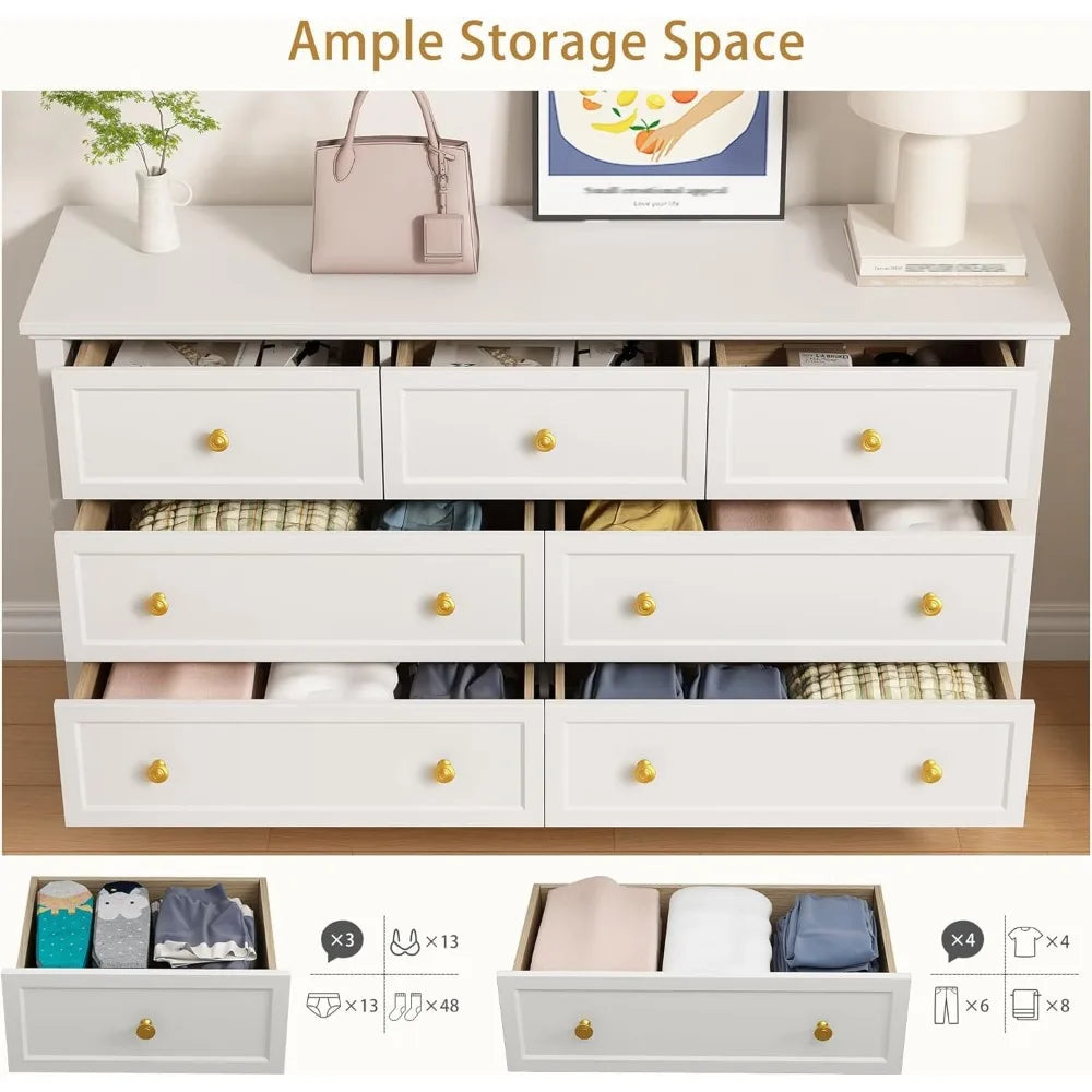 7 Drawer White Dresser for Bedroom, 55" Wood Dresser with Gold Handles, Wide Modern Chest of Drawers for Hallway, Entryway