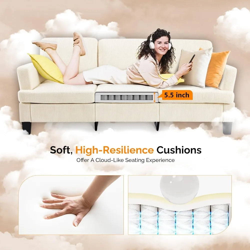 Beige 83 Sofa Couches for Living Room, Corduroy Modern Comfy 3 Seater Couch 25.6 Deep Seat Upholstery Cozy Sofas for Small