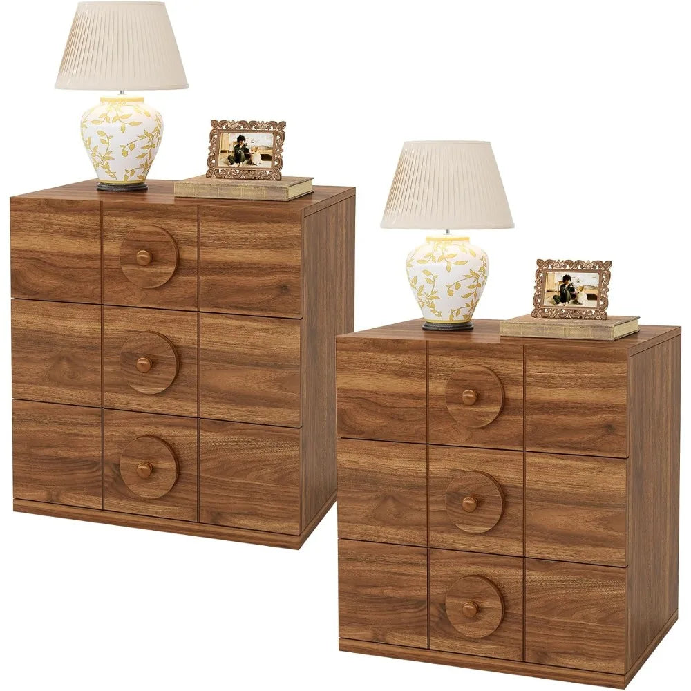 3 Drawers Nightstand Set of 2, Mid-Century Modern Night Stand with Storage for Bedroom, Wood Bedside End Table with Solid Handl