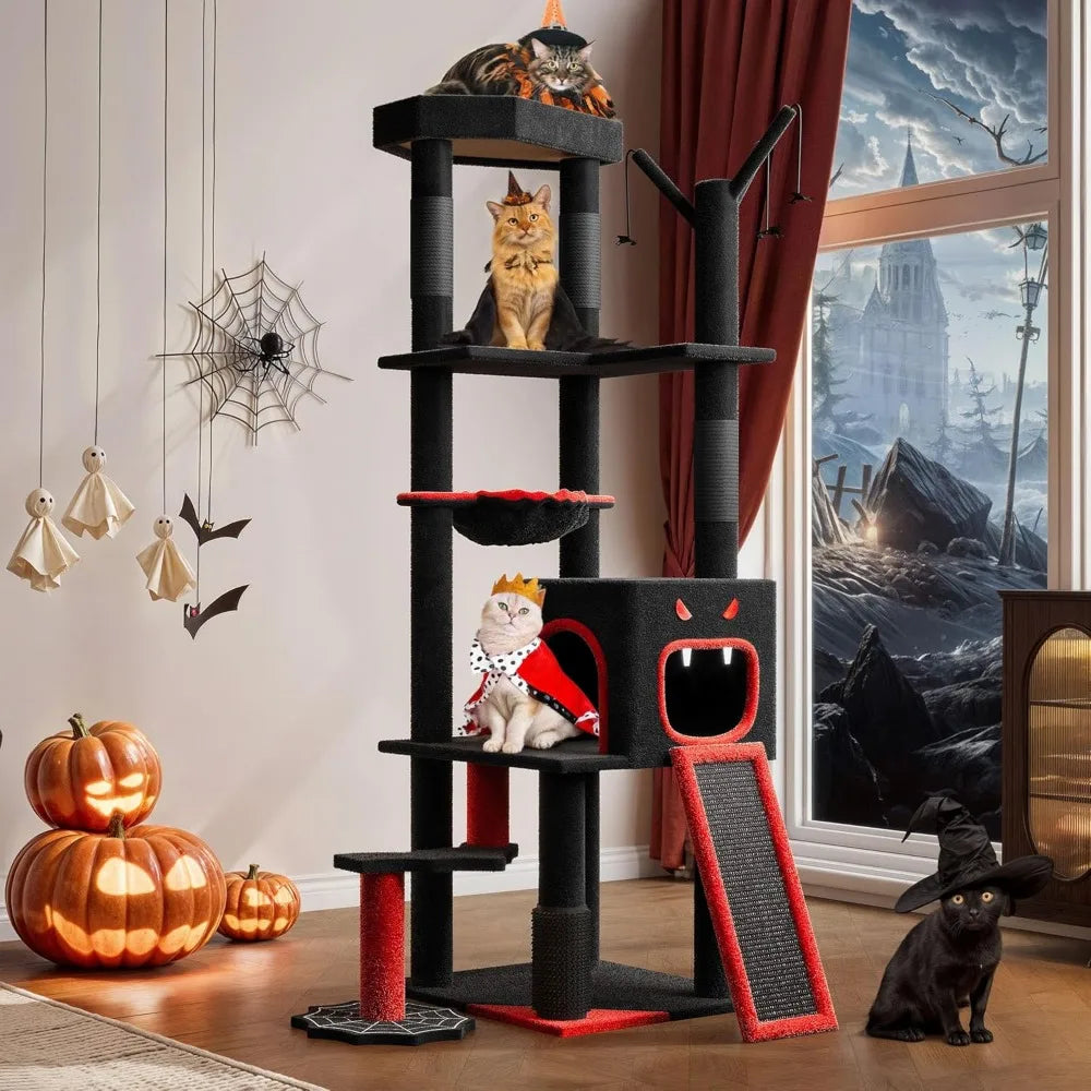 YITAHOME Gothic Cat Tree with Coffin Bed, 60" Tall Cat Tower for Indoor Cats with Top Perch, Spacious Cat Condos, Spider Hanging